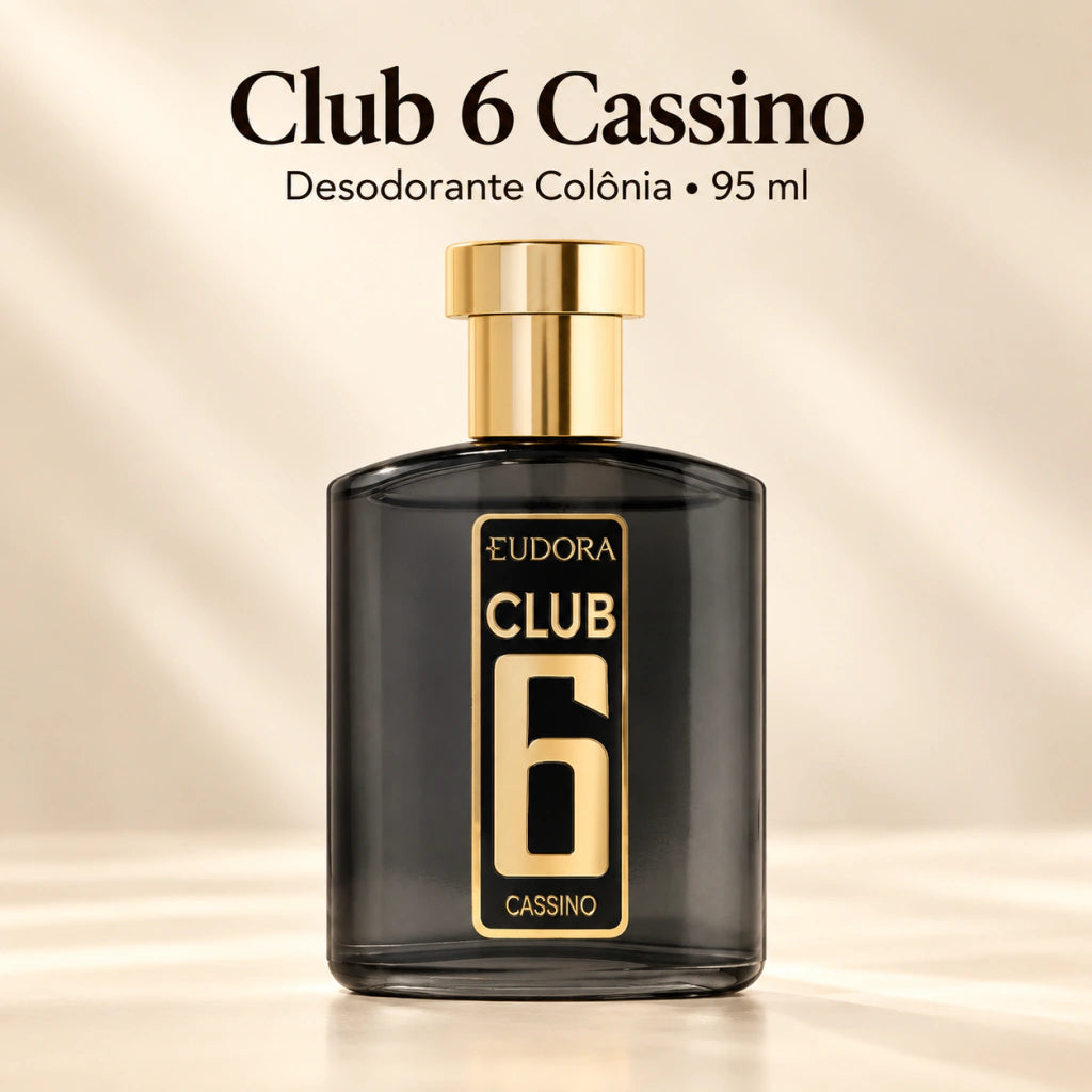 Frasco do Club 6 Cassino sobre fundo bege, com o nome do produto e a indicação desodorante colônia.