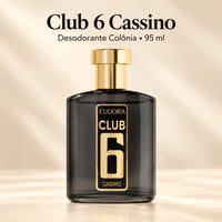 Frasco do Club 6 Cassino sobre fundo bege, com o nome do produto e a indicação desodorante colônia.