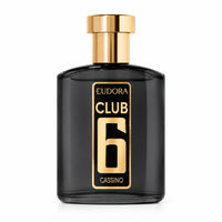 Frasco preto com tampa dourada do Club 6 Cassino Eudora 95 ml sobre fundo branco.